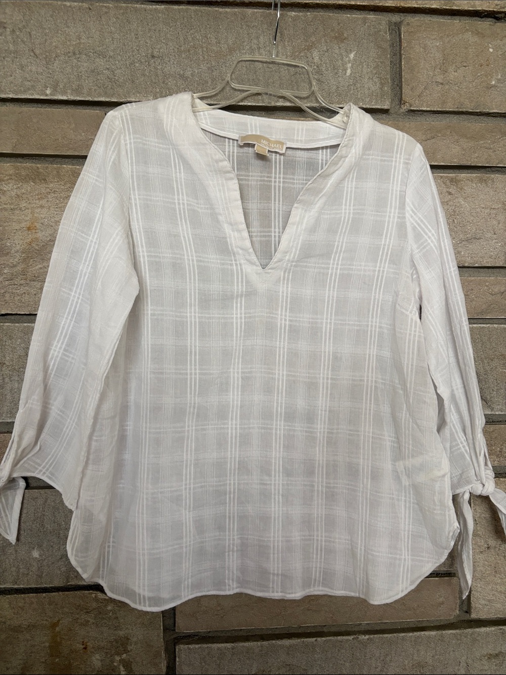 Michael Kors White Plaid Tie-Sleeve Blouse
